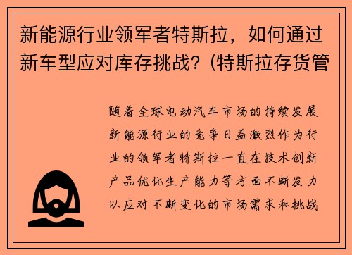 新能源行业领军者特斯拉，如何通过新车型应对库存挑战？(特斯拉存货管理)