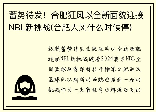 蓄势待发！合肥狂风以全新面貌迎接NBL新挑战(合肥大风什么时候停)