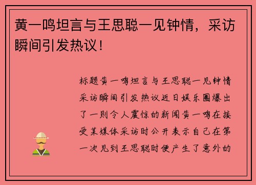 黄一鸣坦言与王思聪一见钟情，采访瞬间引发热议！